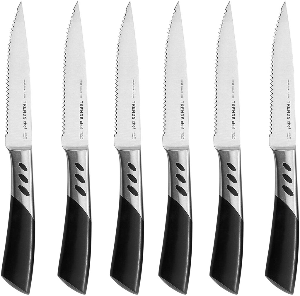 trends serrated knife to cut steak. Choose this one if you can't decide between serrated vs. non-serrated steak knives