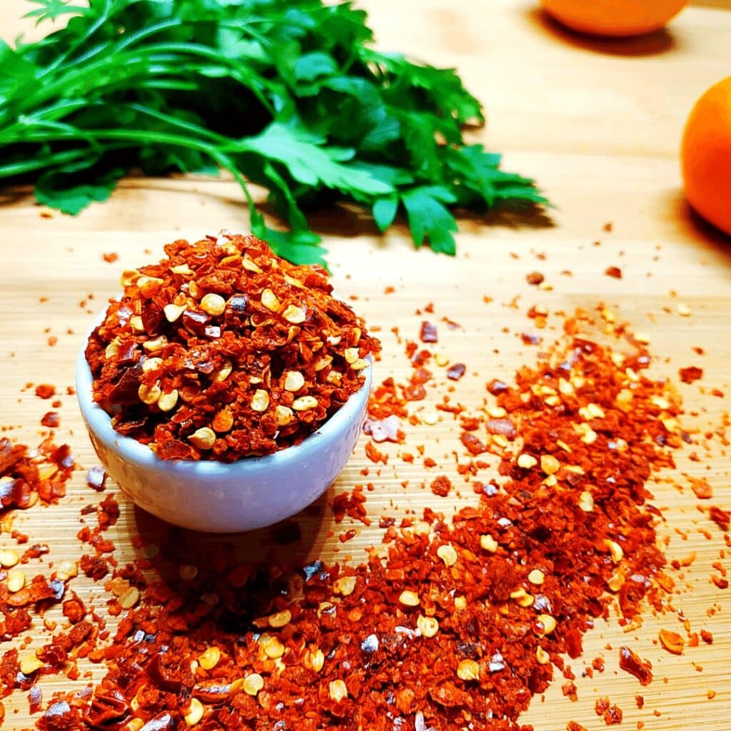 Crushed Red Peppers with Seeds. Used for garnishing and adding hotness to pizza. Ranked number 13 on our list of most popular spices