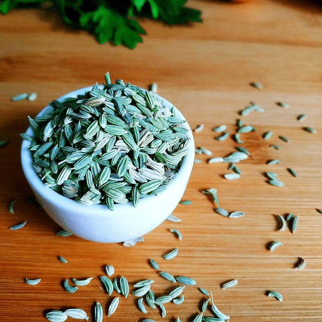 Fennel Seeds in a small ceramic container