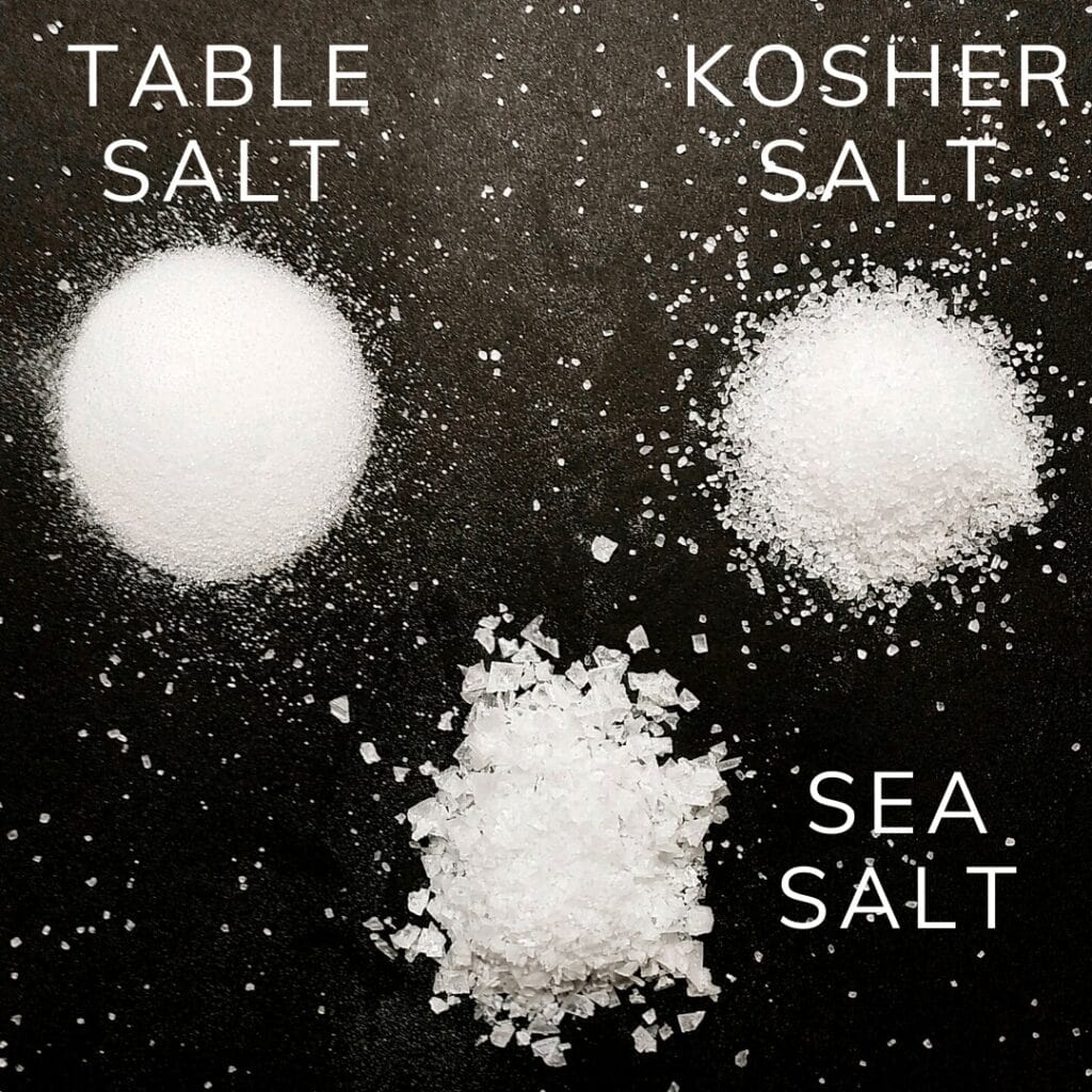 Kosher salt vs table salt, kosher salt vs sea salt. All three salts compared to eachother. Table salt has much smaller grains, and flows like sand.