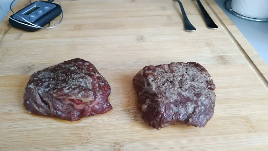 After roasting filet mignon steaks the meat looks dull and lifeless. Reverse searing the filet mignons gives them that nice golden brown color you should aim for